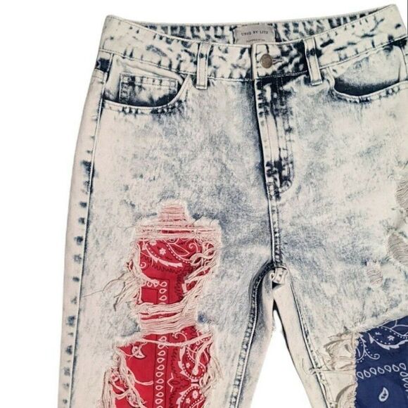 Uniq By Litz Distressed Jeans Patchwork Inset Acid Light Wash LP-40017B 26 - Picture 3 of 8